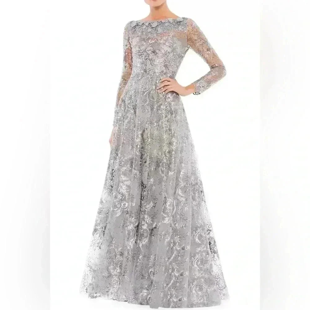 Mac Duggal Floral Embroidered Illusion Long Sleeve Silver Gown 67498 $798 Size 4